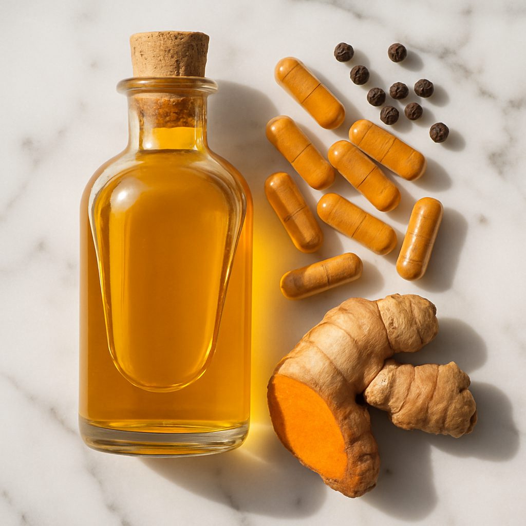 Liquid turmeric extract vs turmeric capsules comparison on marble surface