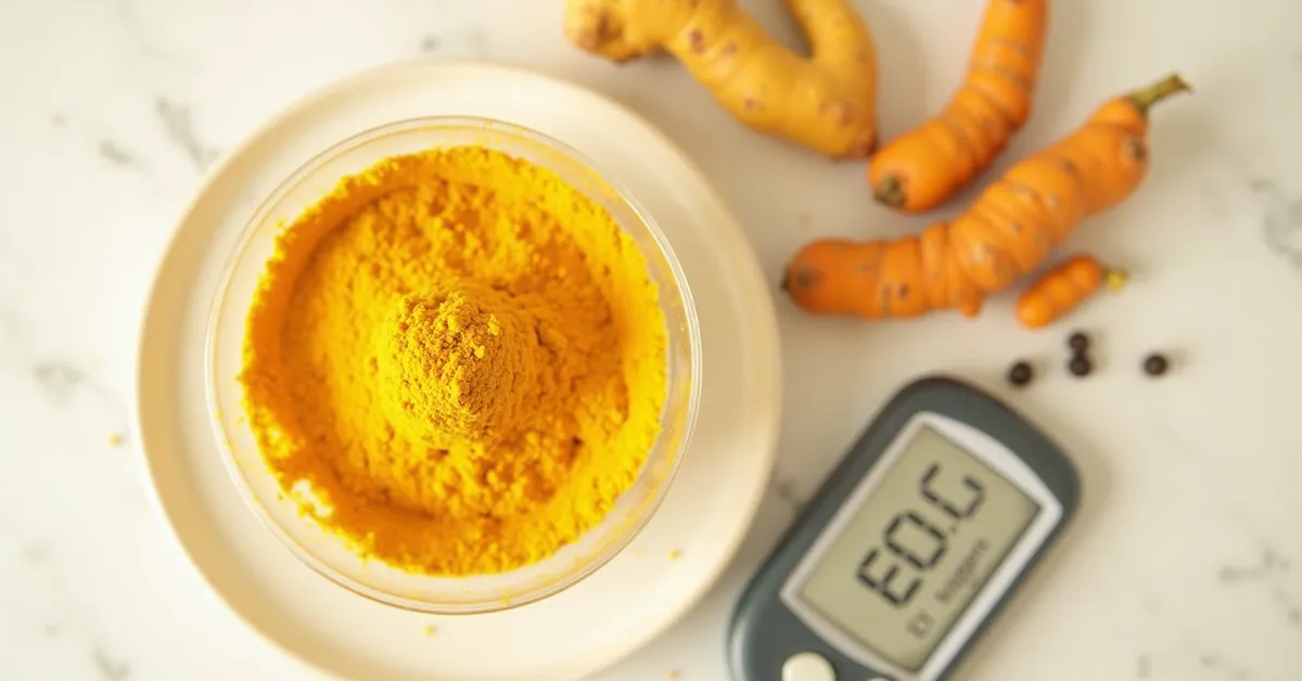 Golden turmeric powder with glucose monitor showing healthy blood sugar levels on white marble surface