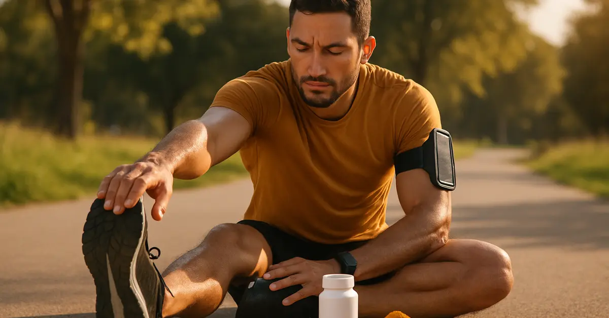 Person stretching after a run with turmeric supplement bottle for exercise recovery