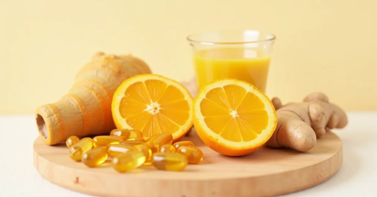 Fresh turmeric root sliced open next to golden capsules and a glass of golden milk on a wooden table
