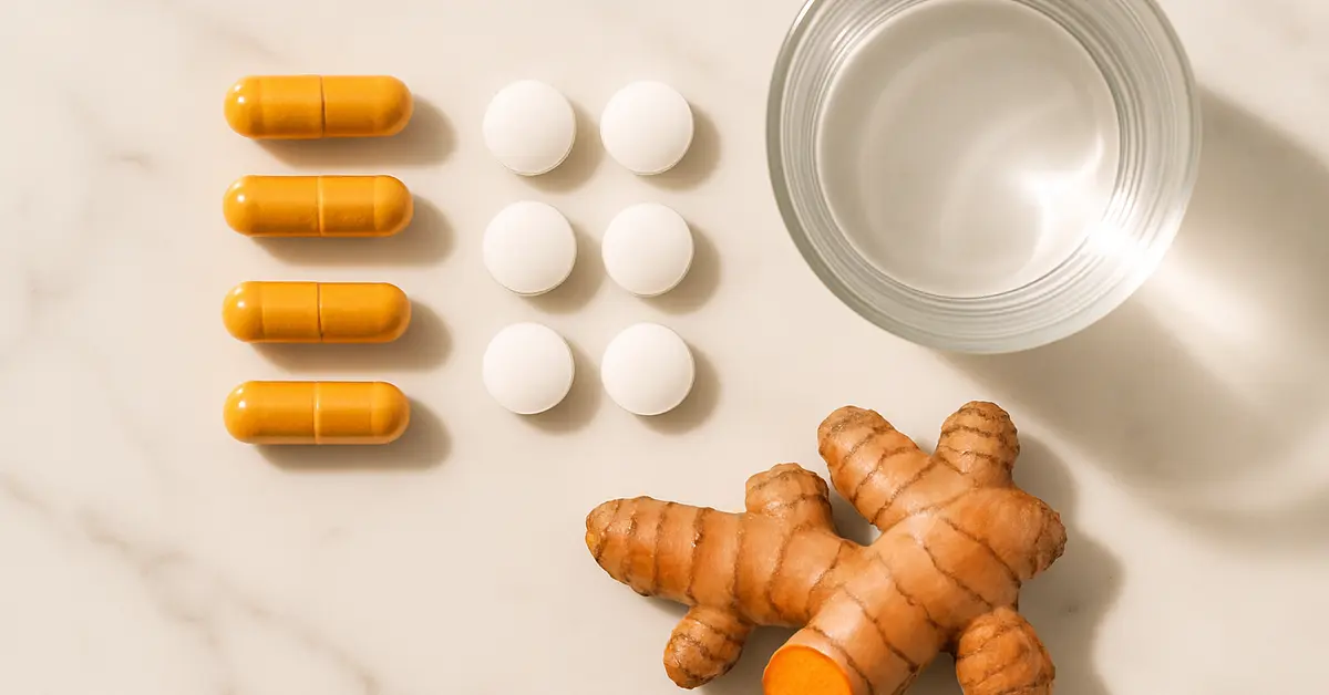 Turmeric capsules and ibuprofen pills side by side on white marble with turmeric root
