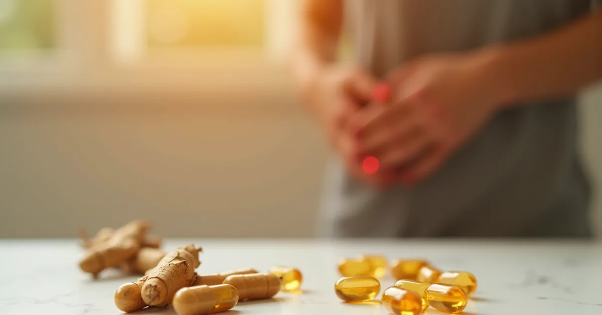Person holding knee with turmeric root and curcumin capsules for joint pain relief