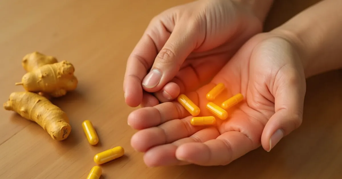 Person holding inflamed joint with turmeric capsules and fresh turmeric root nearby on wooden surface