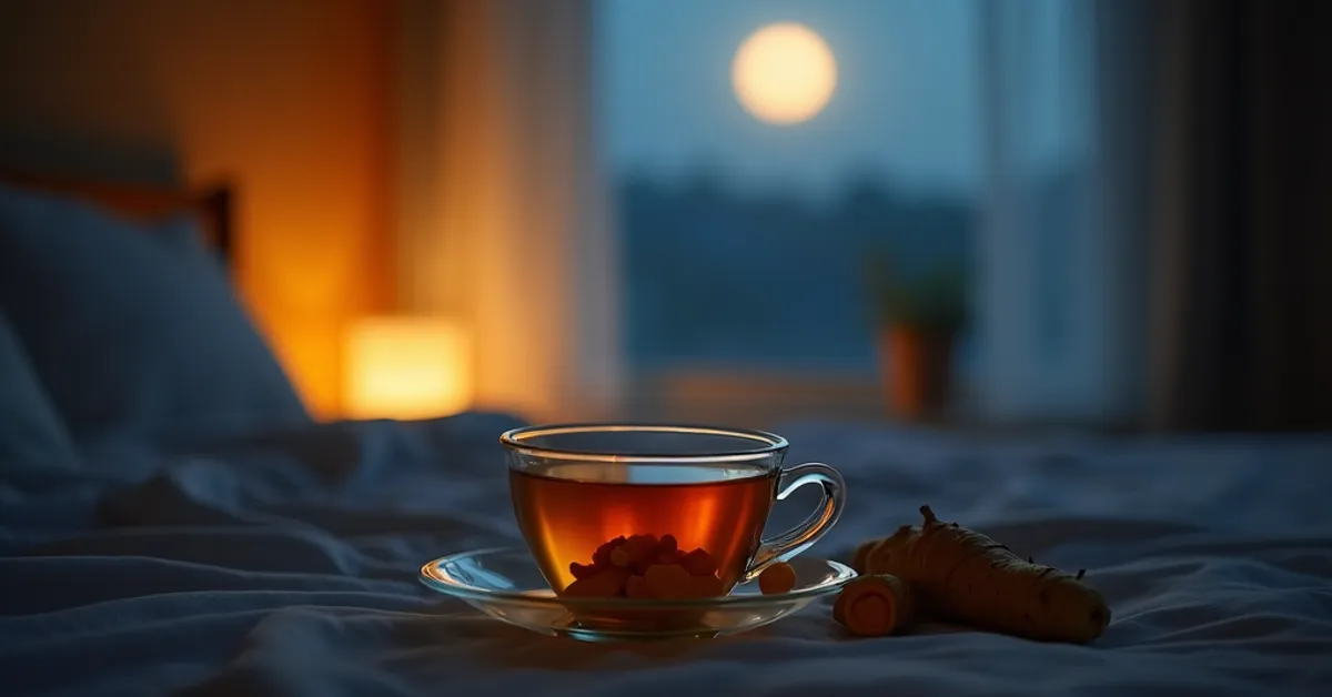 Turmeric tea and curcumin capsules in a peaceful bedroom setting for sleep support